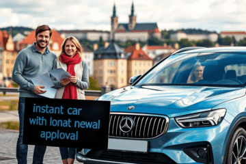 Nové auto na ulici jako symbol snadno dostupného úvěru.