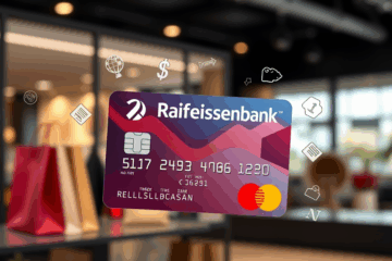 Ilustrace Kartičky Raiffeisenbank Mastercard a moderních platebních technologií.