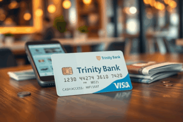 Ilustrace platební karty Trinity Bank Visa, symbol bezpečnosti a pohodlí pro platby.
